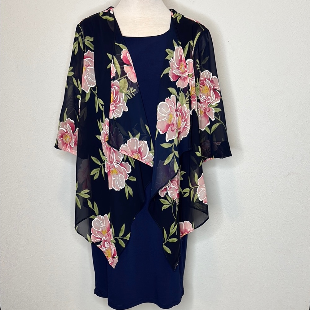 Leslie Fay Navy Dress with Black Floral Sheer Overlay
